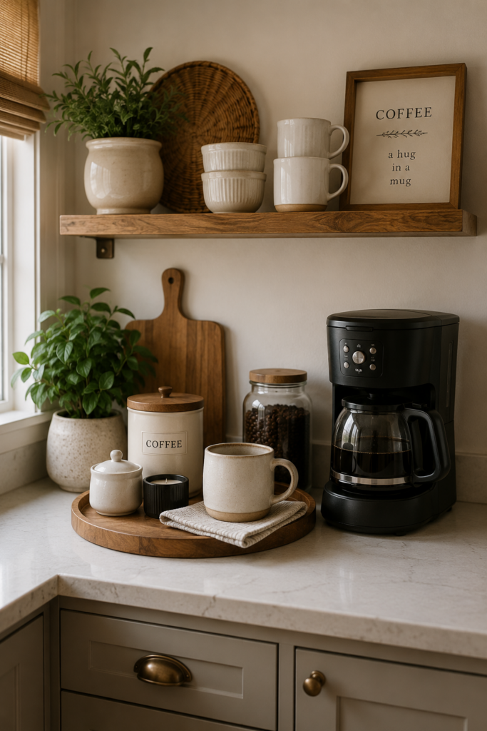 A small wooden tray, a favorite mug, a pretty canister for coffee setting on a stylish kitchen counter