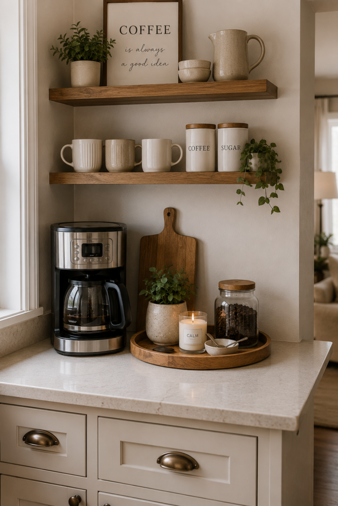 floating shelves display mugs, coffee canisters, or a favorite piece of decor without taking up valuable counter space.