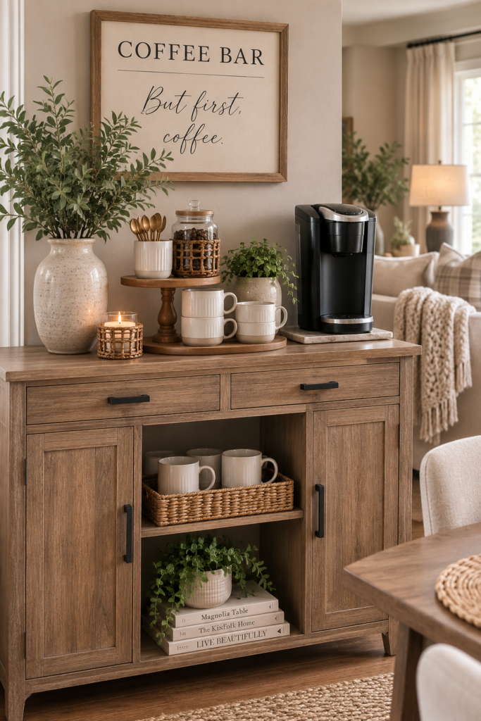 A stylish small cabinet, buffet, or rolling cart as a dedicated coffee station