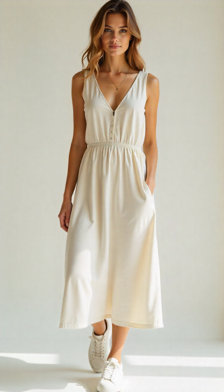 image of a casual neutral dress styled with white sneakers