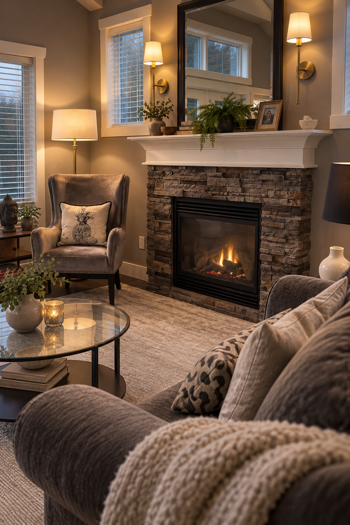 Cozy grey living room with warm brass sconces, a floor lamp, stone fireplace, large mirror and layered neutral decor.