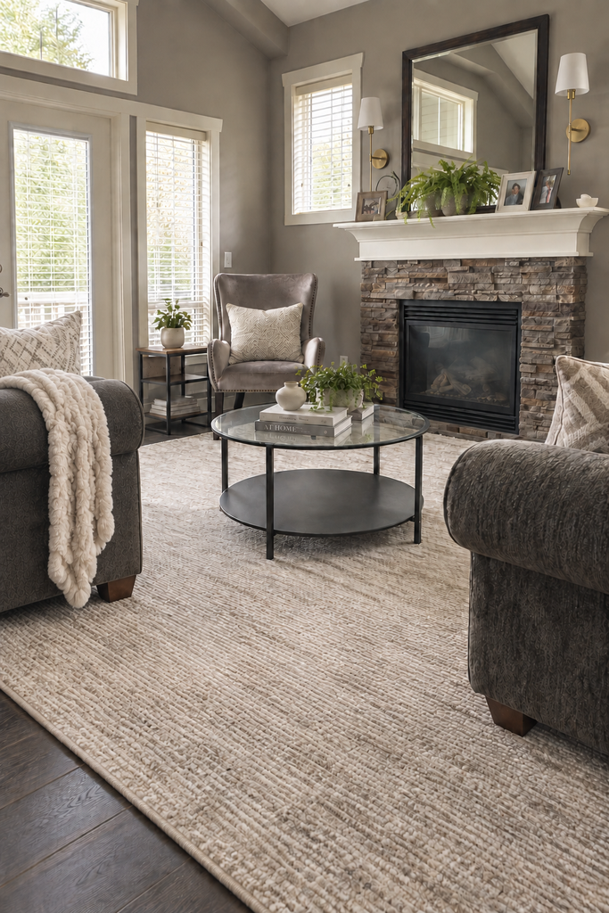 Large beige and cream rug grounding two grey couches, a velvet wingback chair and a round glass coffee table in a cozy neutral living room.