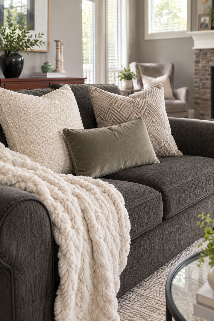 Dark grey living room sofa styled with three large neutral throw pillows and a soft cream textured blanket in natural daylight.