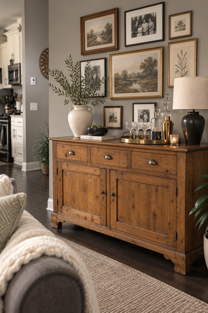 Vintage pine family buffet styled with cocktail glasses, serving pieces and a collected gallery wall in a warm neutral living room.