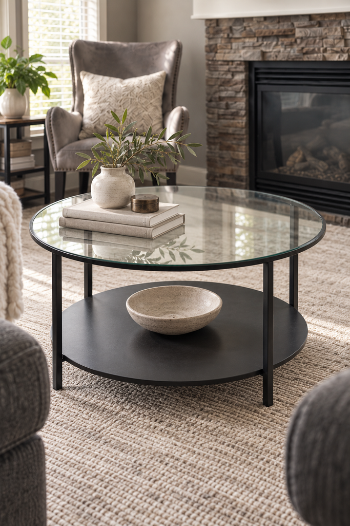 Round glass and black metal coffee table simply styled with neutral books, a pottery vase and olive branches in a cozy grey living room.