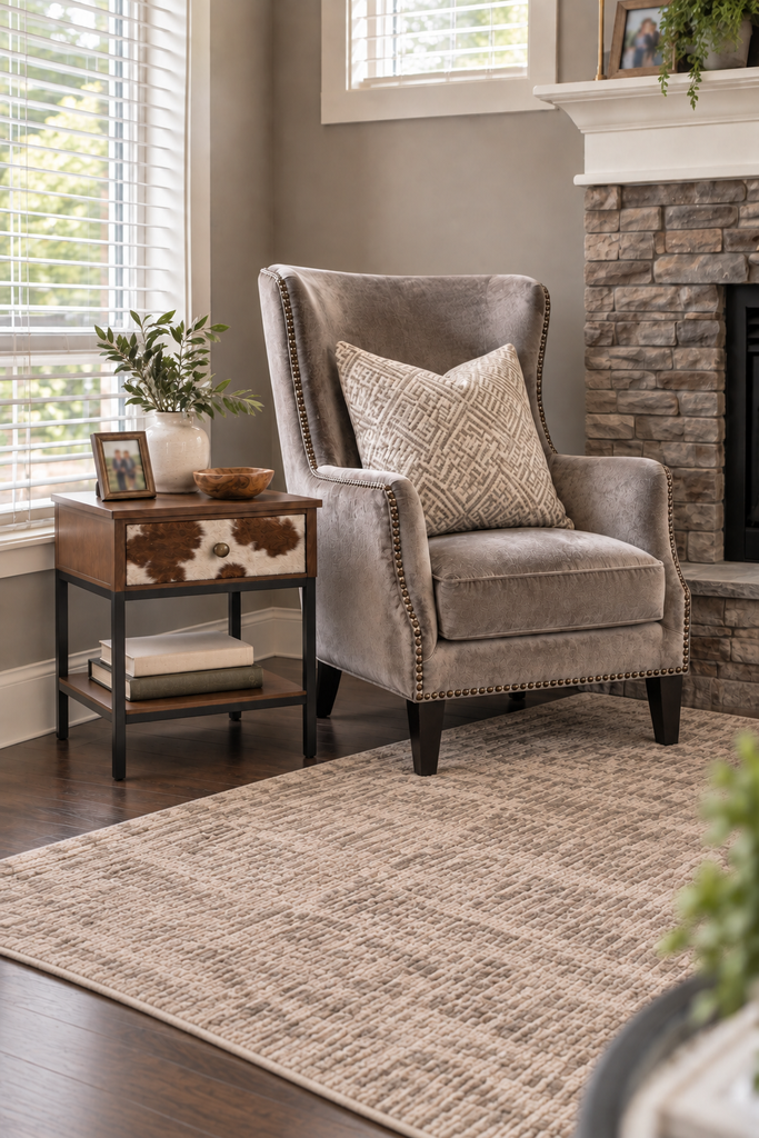 Grey velvet wingback chair and wood side table with a brown cowhide drawer tucked beside a stone fireplace and bright window.
