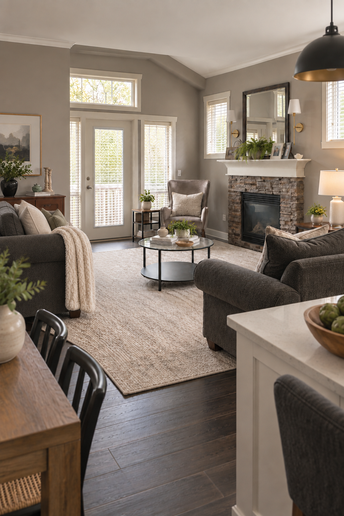 Cozy open-plan grey living room with layered neutral furniture, a large area rug, round glass coffee table, stone fireplace and warm natural light.