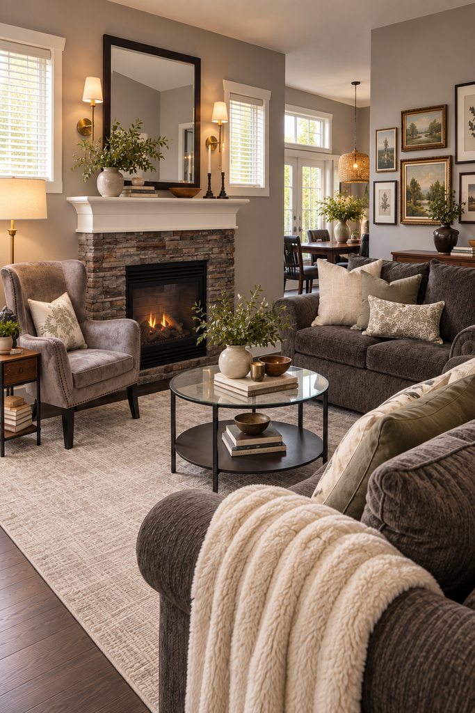 Cozy living room with dark grey sofas, stone fireplace, brass sconces, neutral rug, velvet chair and collected gallery wall.