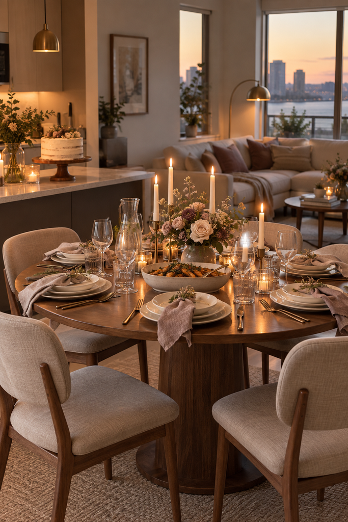 Intimate adult birthday dinner table set for six in a warm, neutral home