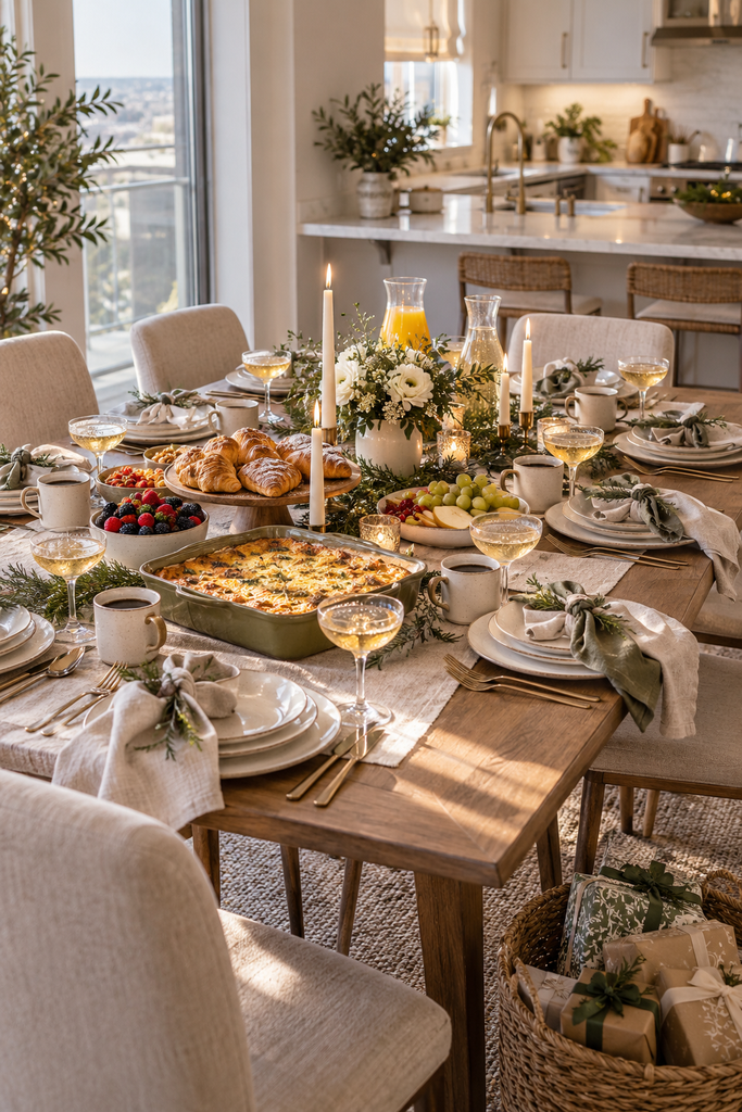 Festive girls’ brunch table with breakfast food, mimosas, coffee and wrapped gifts.