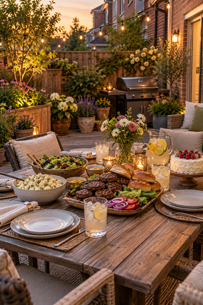 Backyard birthday BBQ with homemade burgers, salads, flowers and patio string lights.