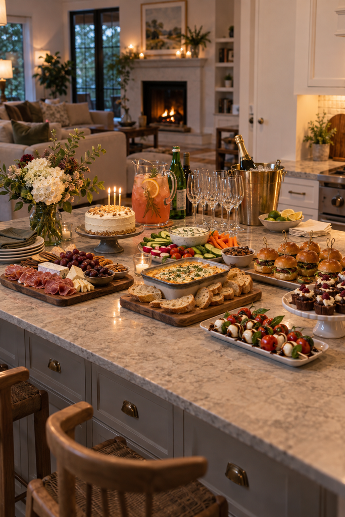 Home kitchen island arranged with birthday appetizers, cocktails and a homemade cake.