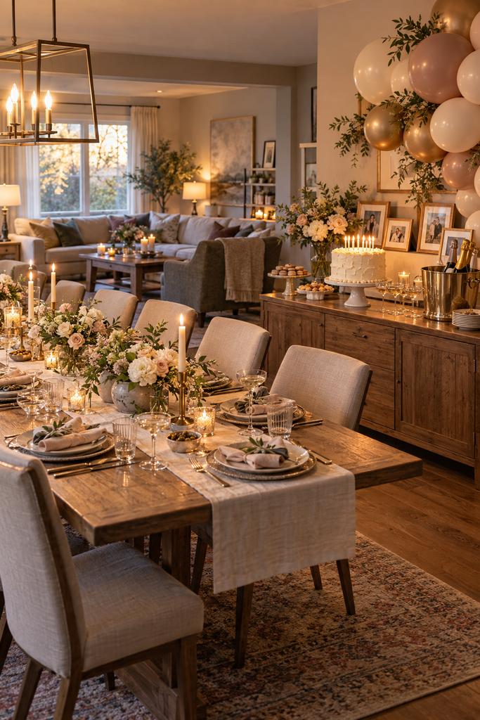 Adult milestone birthday celebration with an elegant cake, balloons and extended dining table in a warm home.