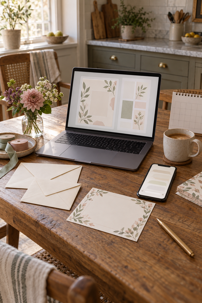 Planning digital and printed adult birthday invitations at a kitchen table.