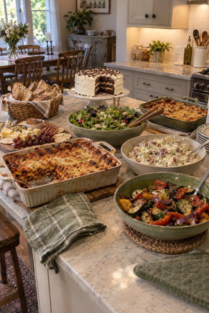 Homemade birthday party buffet with lasagna, salads, bread, vegetables and cake.