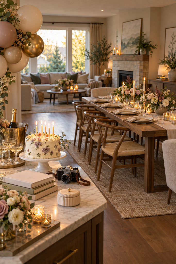 Neutral adult birthday decorations with flowers, candles and balloons in a stylish home.