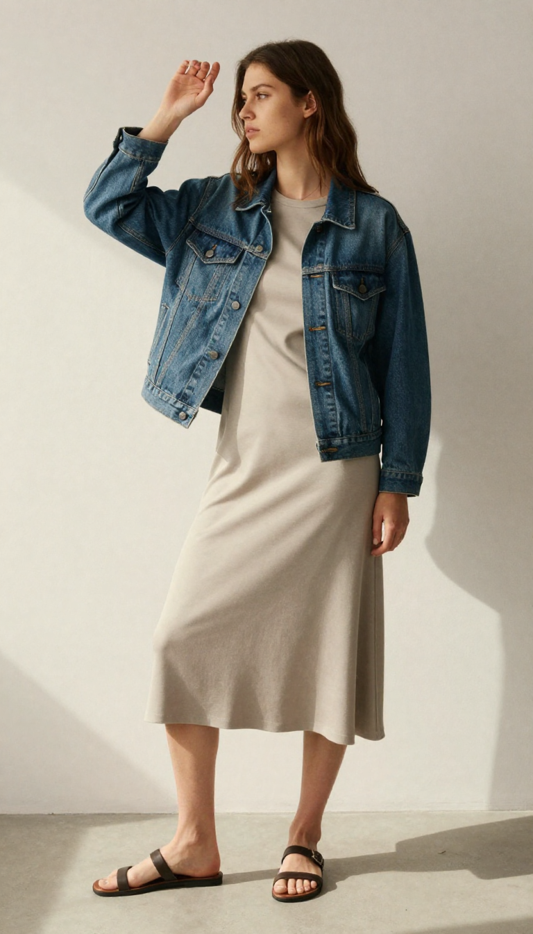 image of a woman wearing a denim jacket over a slip dress