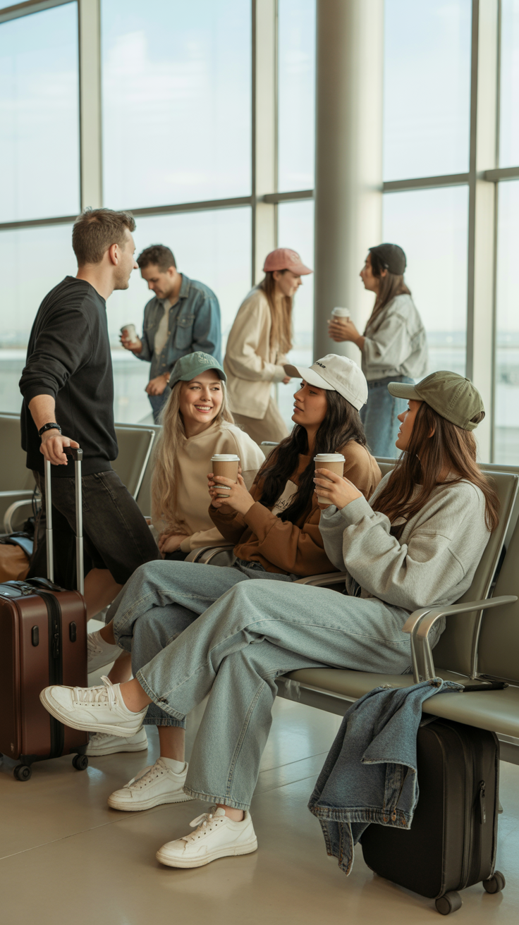 Group of friends waiting at the airport 