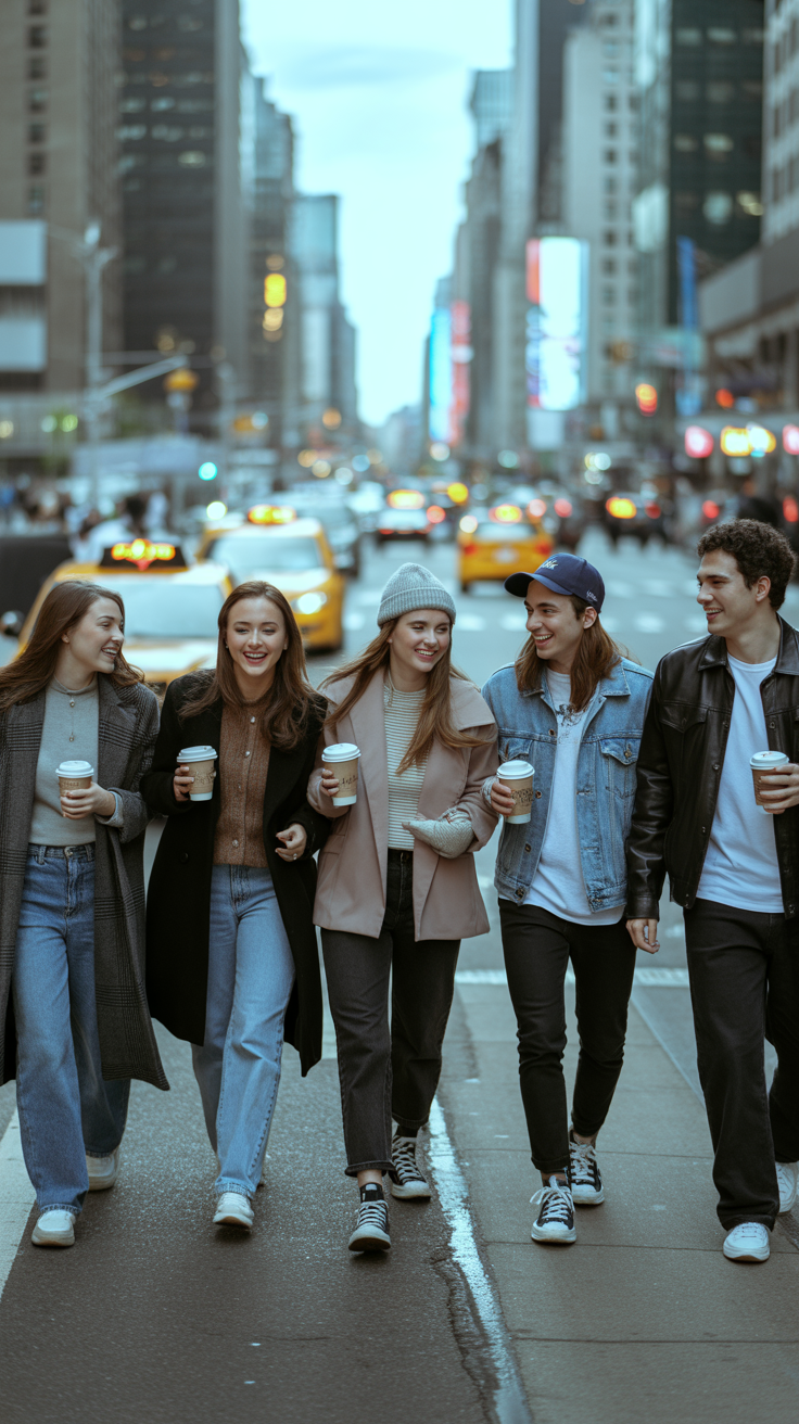 Group of friends walking in New York City wearing coat and boots