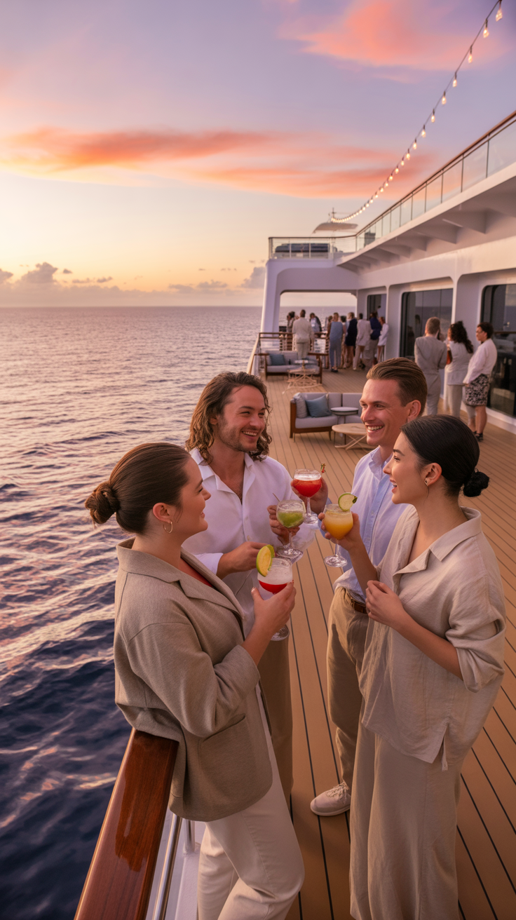 Group of friends socializing on a cruise at sunset