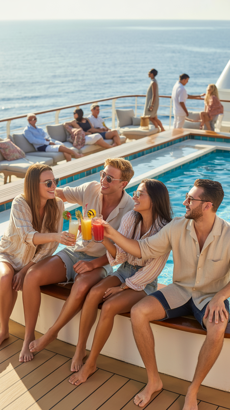Group of friends sitting on a cruise ship