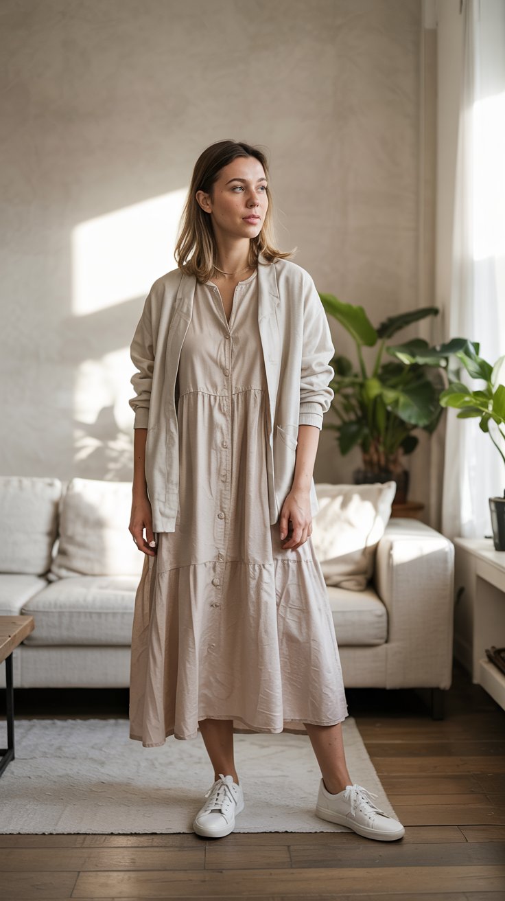 woman dressed in a casual outfit with white sneakers