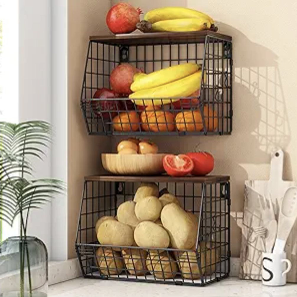 wire and wood wall basket organizer