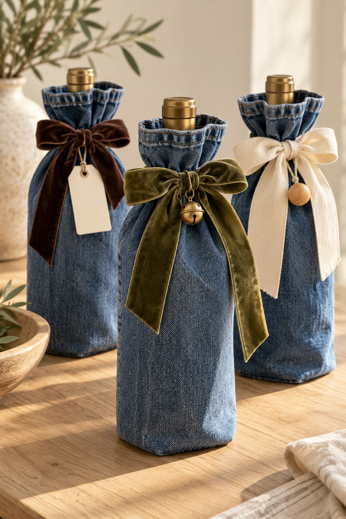 Three denim wine bottle gift bags decorated with espresso velvet, olive velvet and ivory ribbon bows.