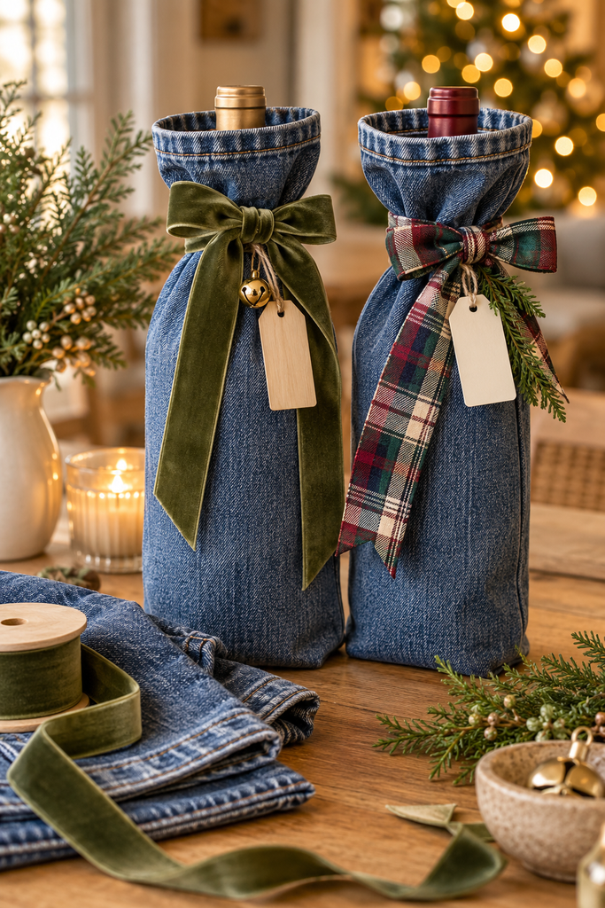 Two denim wine bottle gift bags with olive velvet and tartan bows, gift tags and festive greenery beside warm Christmas lights.