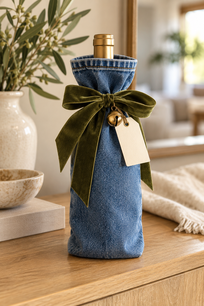 Upcycled denim wine bottle gift bag with an olive velvet bow, small brass bell and cream gift tag on a wooden table.
