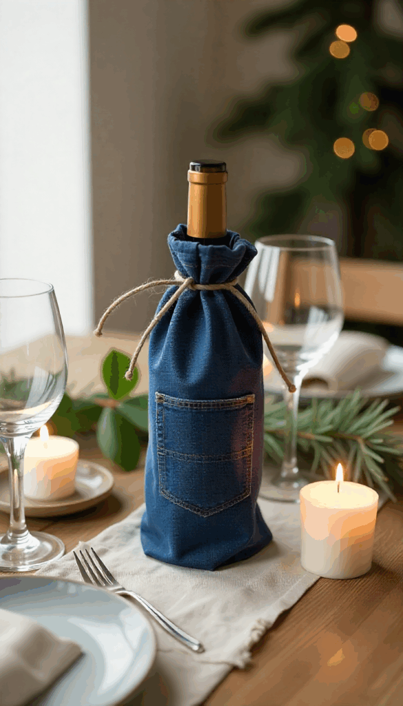 image of a DIY wine bottle wrapped in an old pair jeans