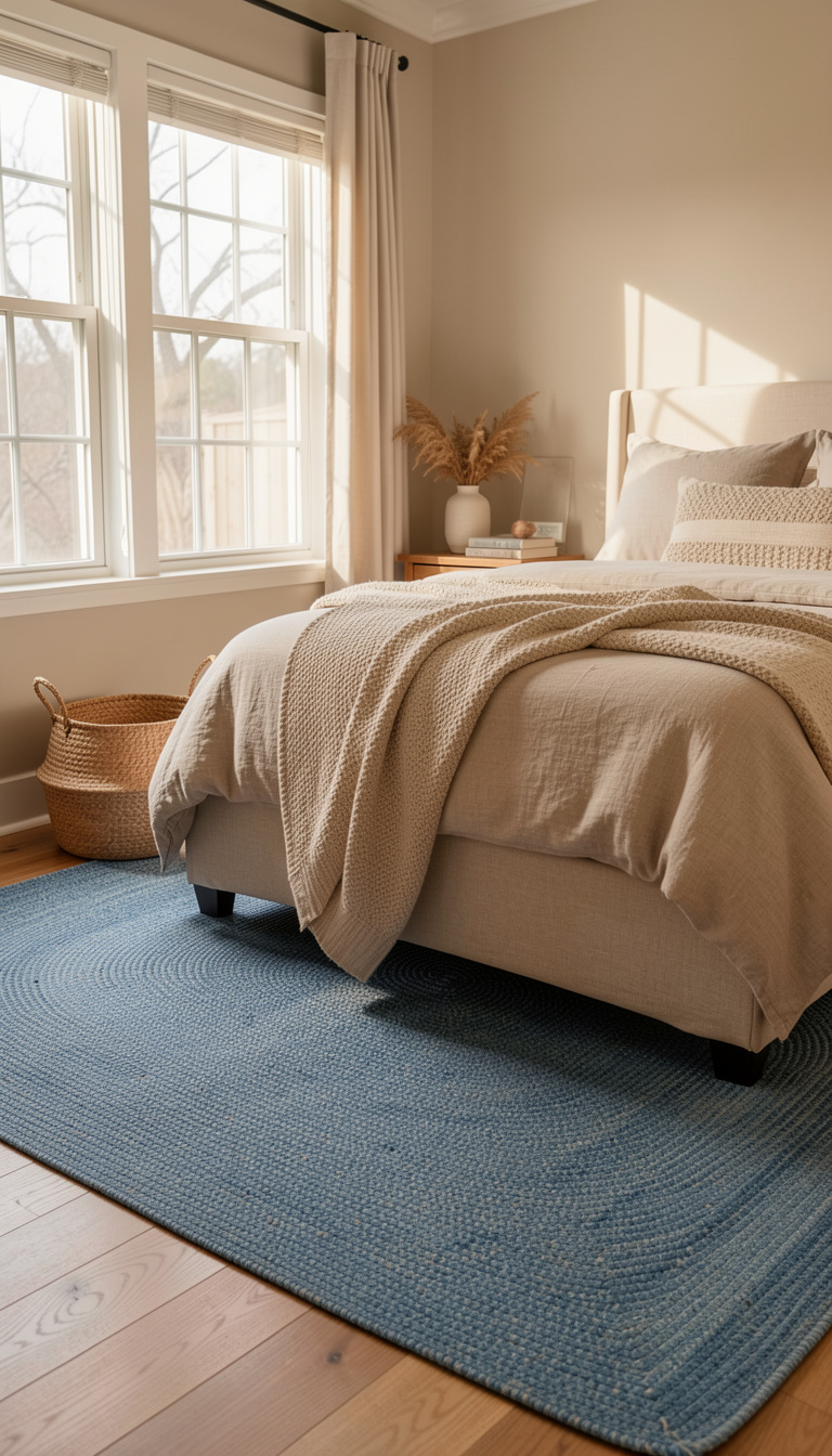 bedroom setting with a denim braided rug