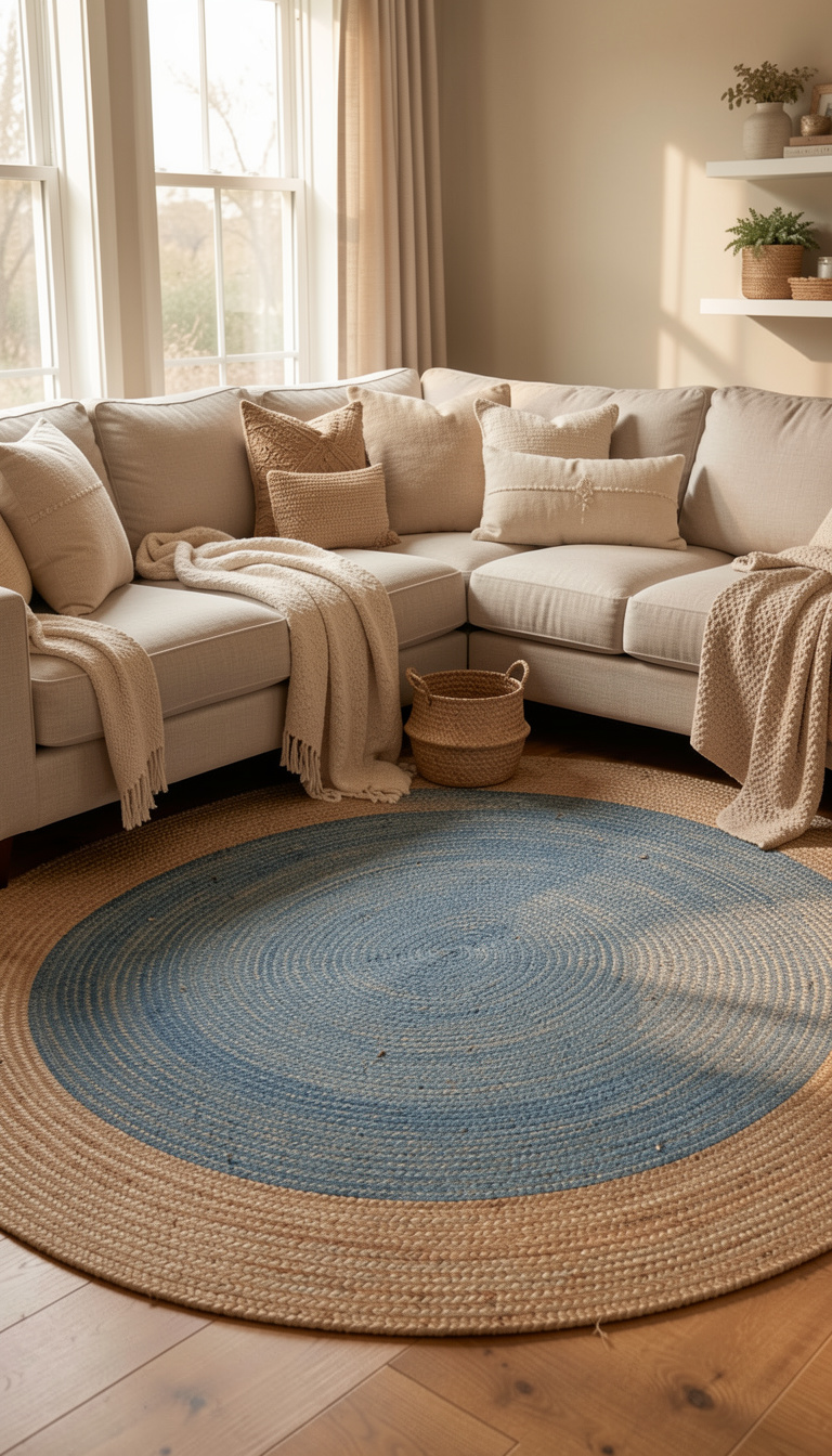 living room scene with a denim braided rug