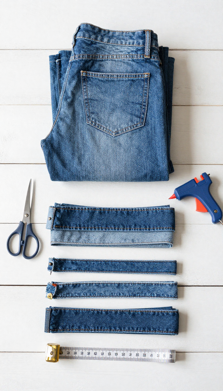 preparing denim pieces and tools to make a DIY denim rug
