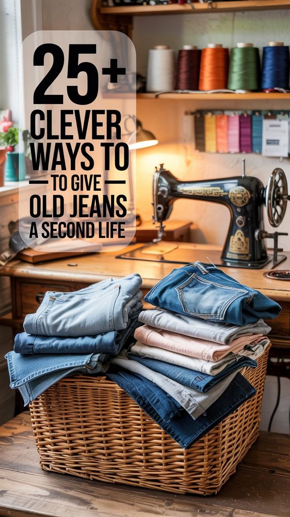 image of several pairs of old jeans stacked in front of a vintage sewing machine