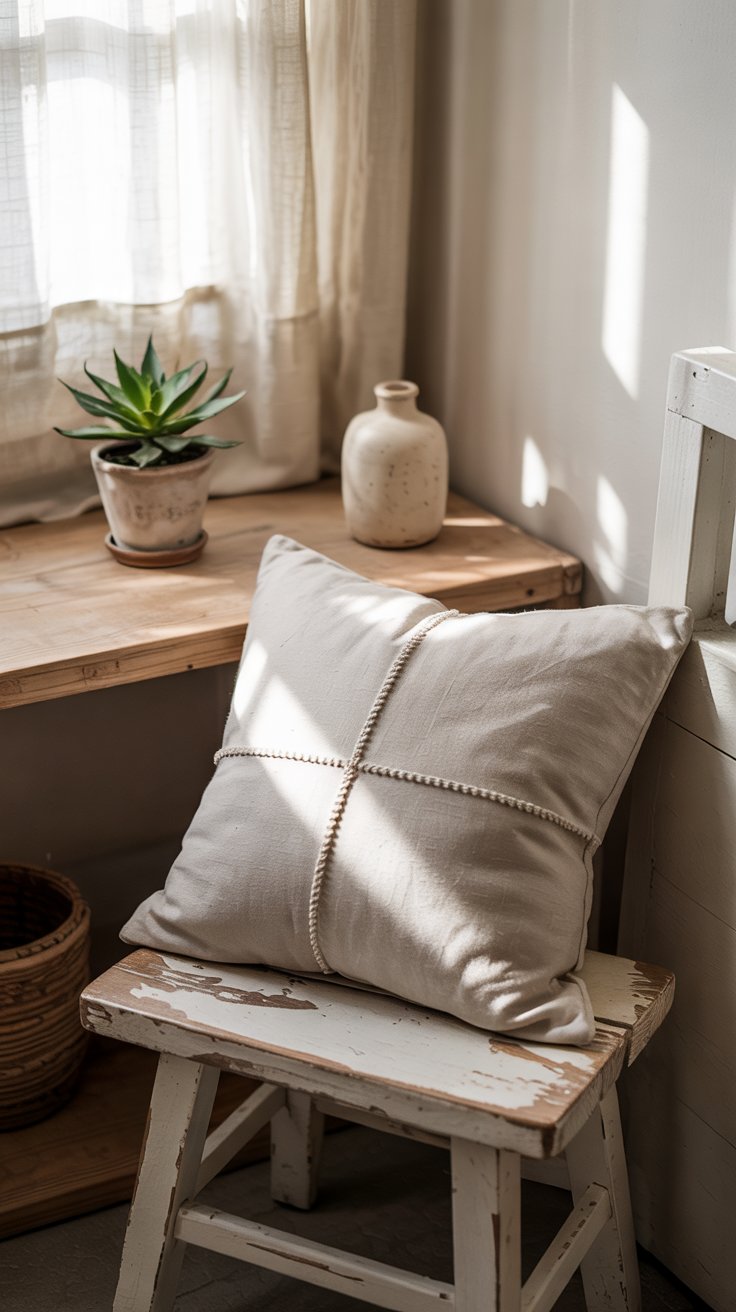 image of a DIY throw pillows and DIY small painted stool