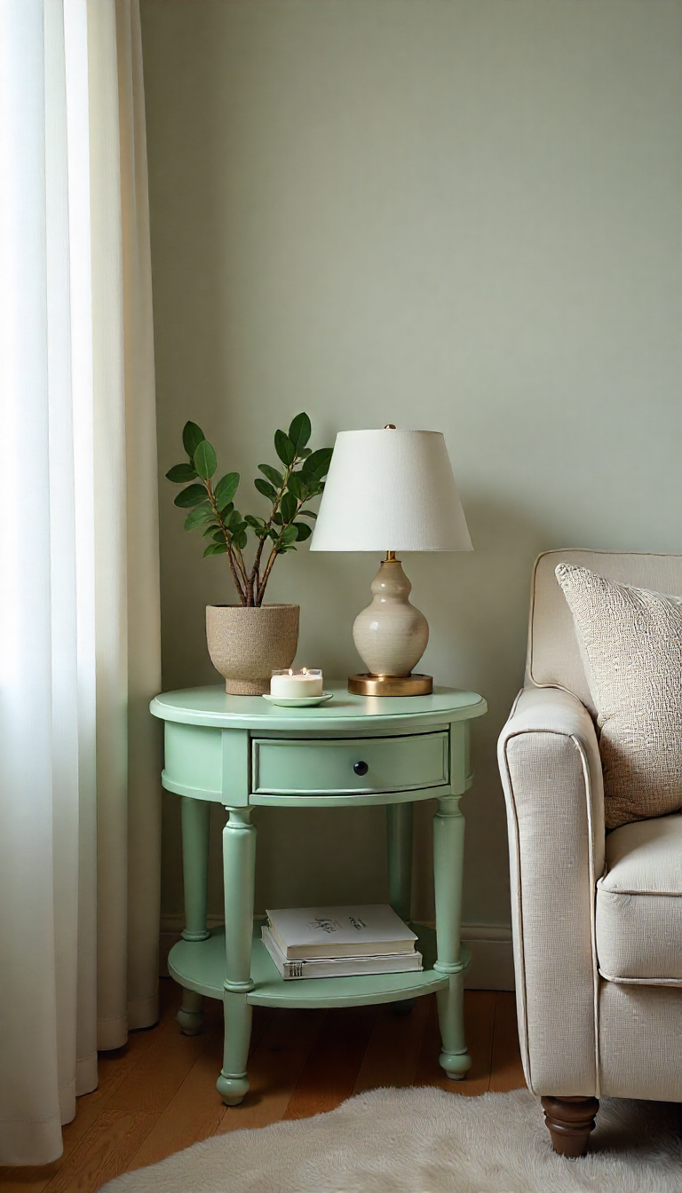 image if a DIY-painted accent table styled in a cozy living room corner
