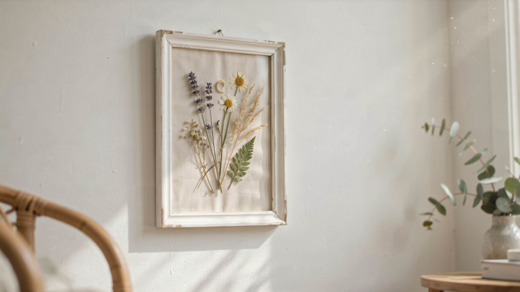 Fall leaf forged art, made of delicate wildflowers, or dried grasses in a simple frame.