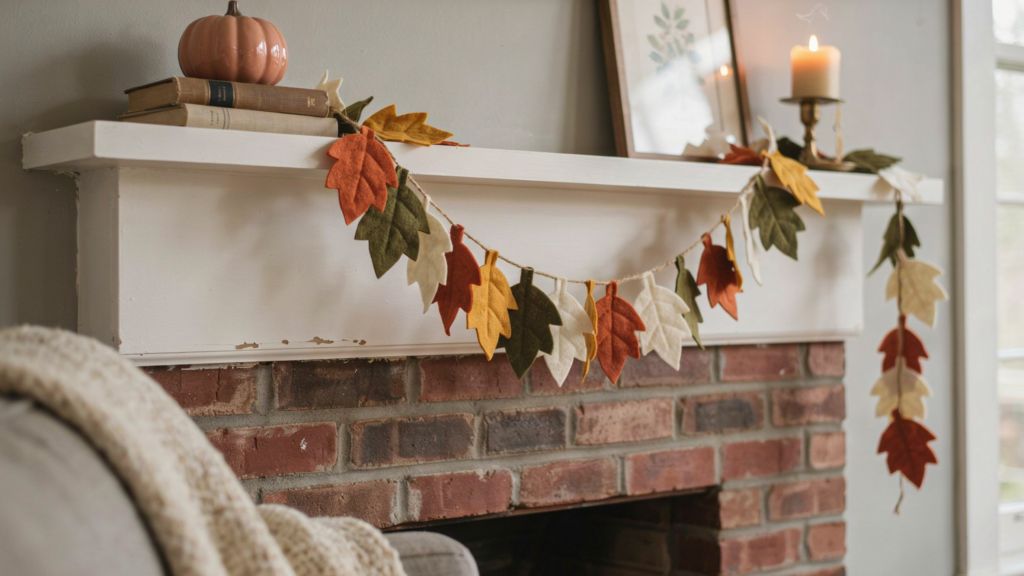 A felt leaf garland that has layered leaves and creates beautiful texture, draped across a mantel