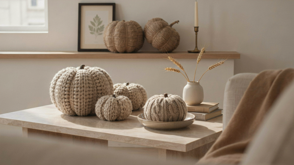 plastic pumpkins are given a fresh new look by wrapping them in chunky yarn, a thrifted sweater, soft boucle, or natural jute.