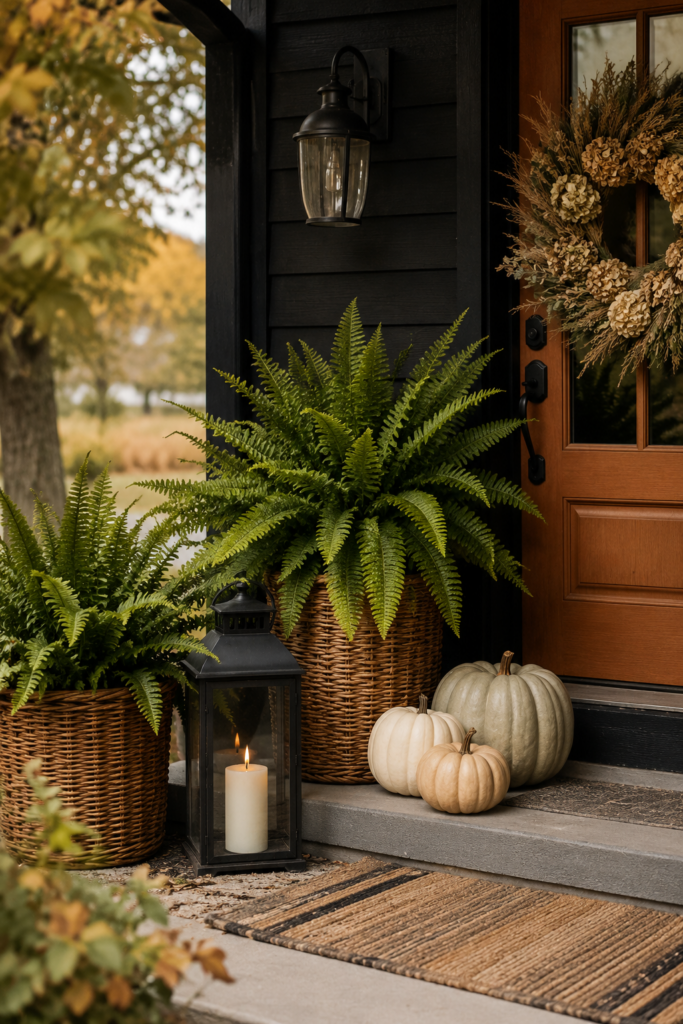 Cozy fall front porch decorating with large green ferns in wicker planters, neutral pumpkins, black lantern and warm wood front door.