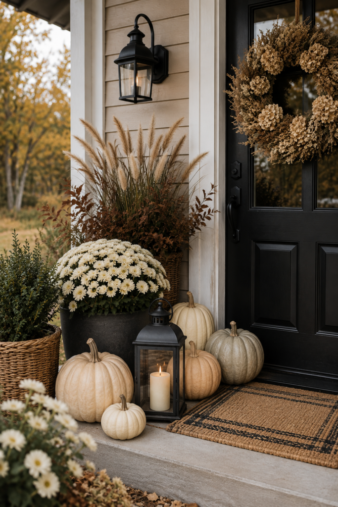 Fall porch decor with cream mums, neutral pumpkins, ornamental grasses and a black lantern beside a black front door.