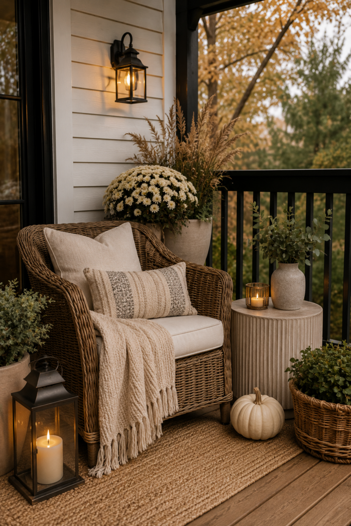 Small fall back porch with a wicker chair, neutral cushions, cozy throw, cream mum, black lantern and natural fall decor.