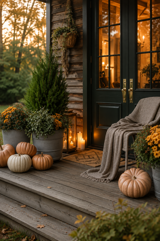 Rustic fall porch with dark green doors, wicker chair, neutral throw, muted pumpkins, large planters and warm candlelight.