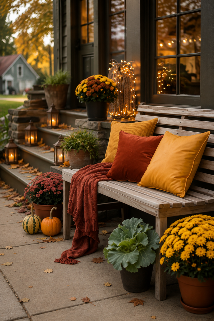 Cozy fall porch with a wood bench, rust and mustard pillows, warm throw, potted mums, lanterns and simple autumn decor.