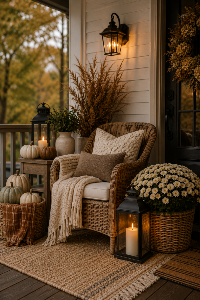 Cozy fall porch layered with a wicker chair, knit pillows and throw, woven baskets, mums, neutral pumpkins and warm lantern lighting.
