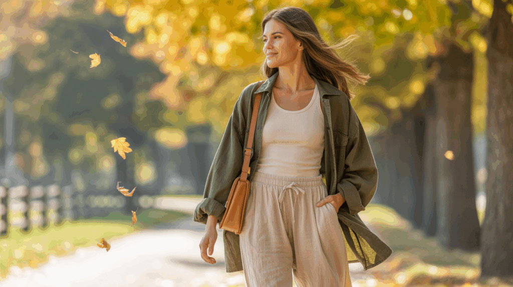woman walking in a stylish fall outfit