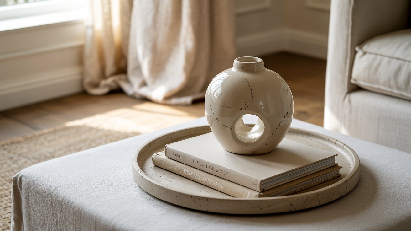 image of decor items styled in a neutral calm living room