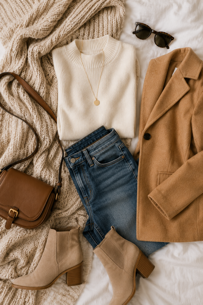 stylish collage style image of neutral fall women's outfit with casual aesthetics
