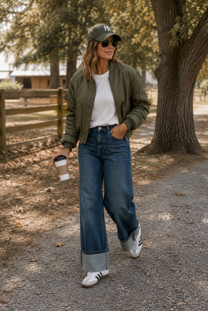 image of a stylish woman wearing an olive green bomber jacket, wide leg hemmed denim and a baseball cap in a fall setting